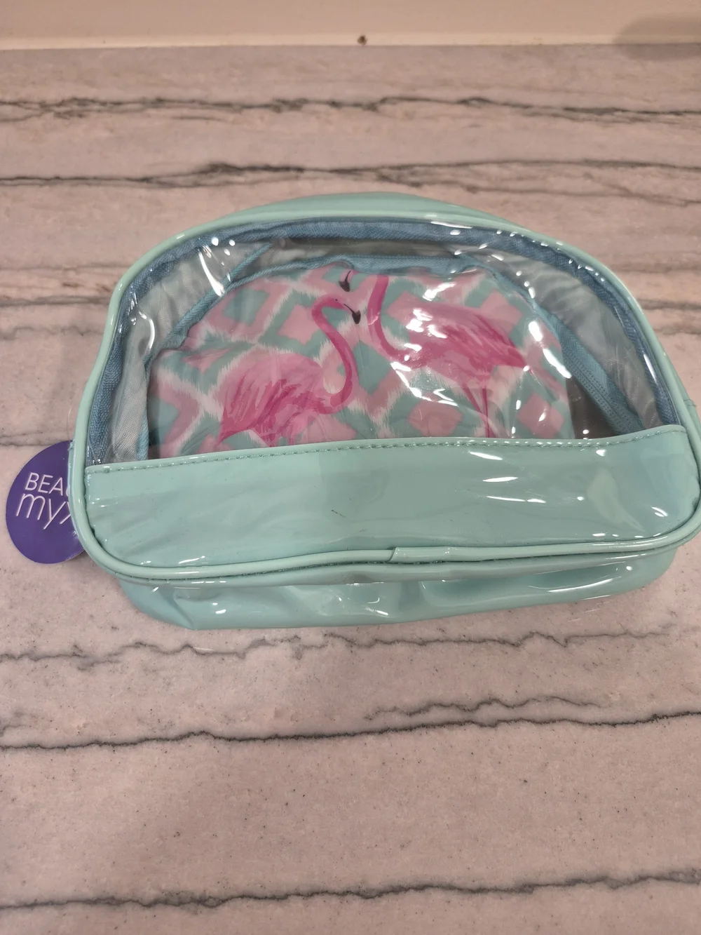 Mint Clear-Top Cosmetic Bag with Pink Flamingo Pouch